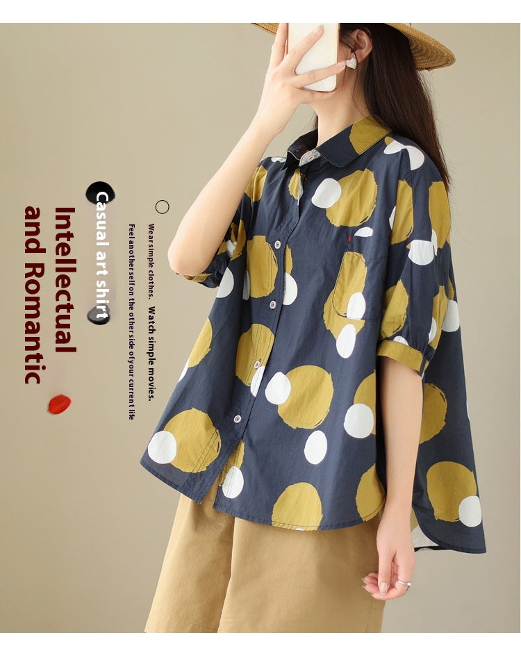 Summer New Literary Flower Design - Loose Polka Dot Short Sleeve Shirt For Women