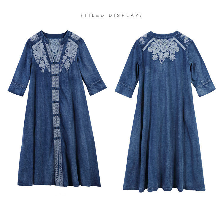 Embroidered Plus Size Women's Mid-sleeve Denim Dress