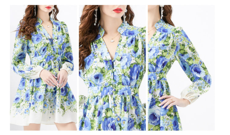 Vacation Style V-neck Lantern Sleeve Wavy Waist Mini Retro Printed Short Dress