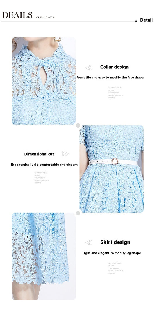 Blue Water Soluble Lace Uneven Collar Dress