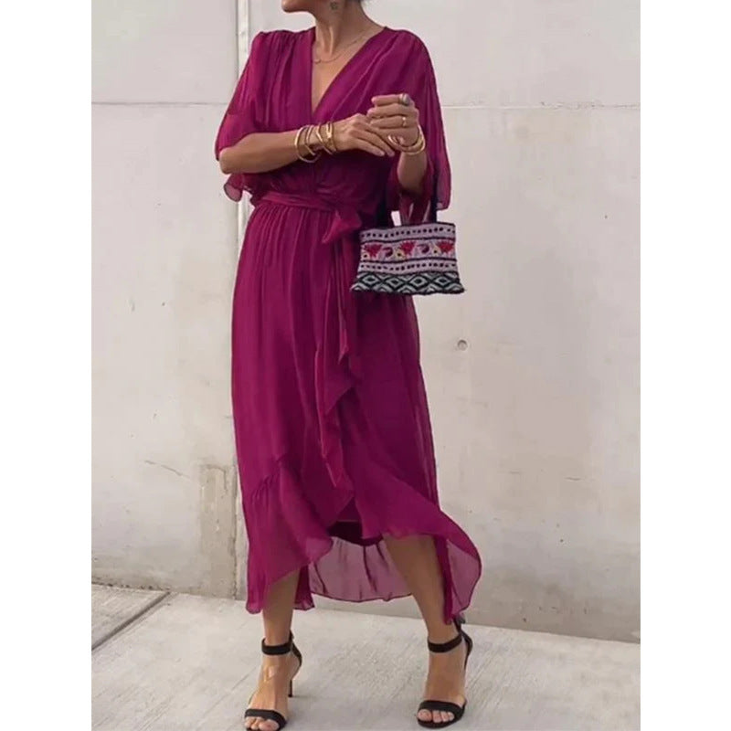 Pure Color Tied Long Dress Batwing Sleeve Irregular Dress