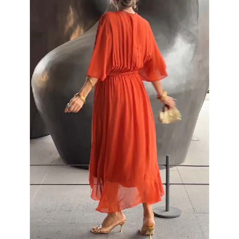 Pure Color Tied Long Dress Batwing Sleeve Irregular Dress