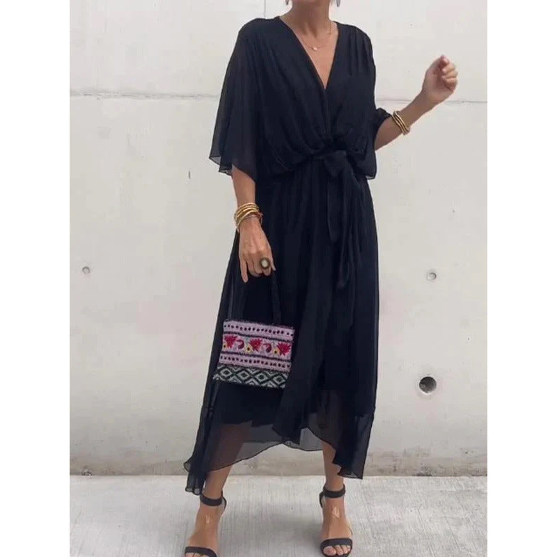 Pure Color Tied Long Dress Batwing Sleeve Irregular Dress