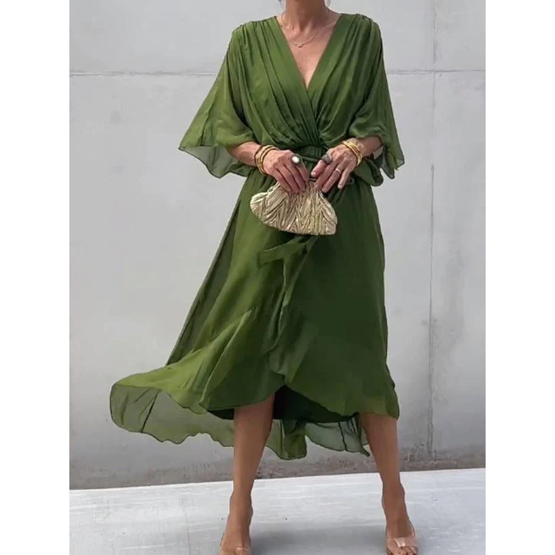 Pure Color Tied Long Dress Batwing Sleeve Irregular Dress