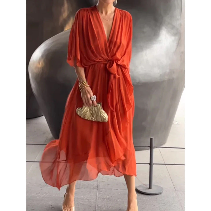 Pure Color Tied Long Dress Batwing Sleeve Irregular Dress