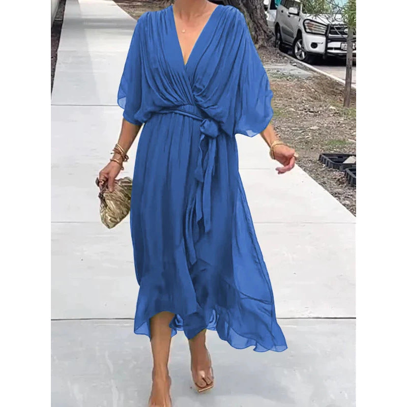 Pure Color Tied Long Dress Batwing Sleeve Irregular Dress