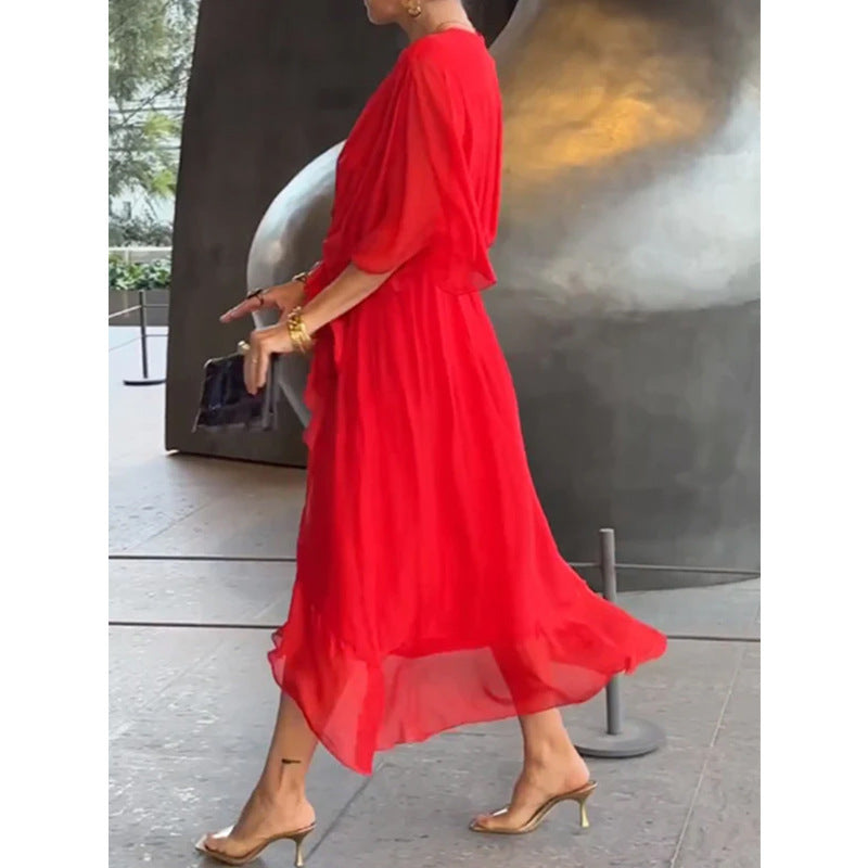 Pure Color Tied Long Dress Batwing Sleeve Irregular Dress