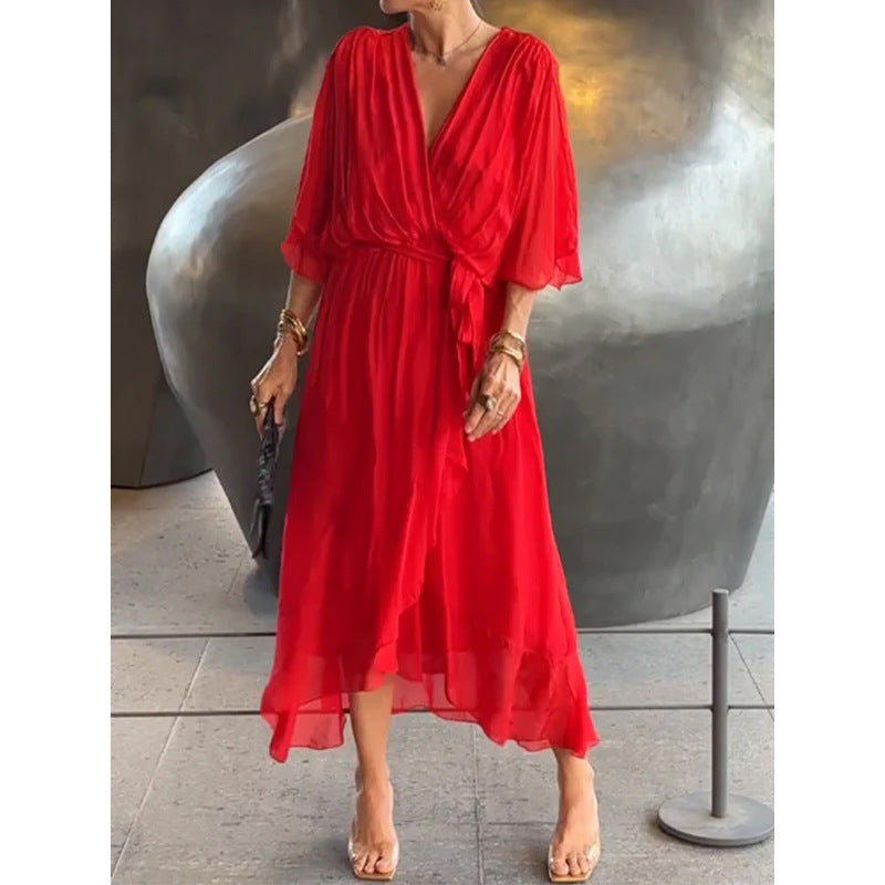 Pure Color Tied Long Dress Batwing Sleeve Irregular Dress