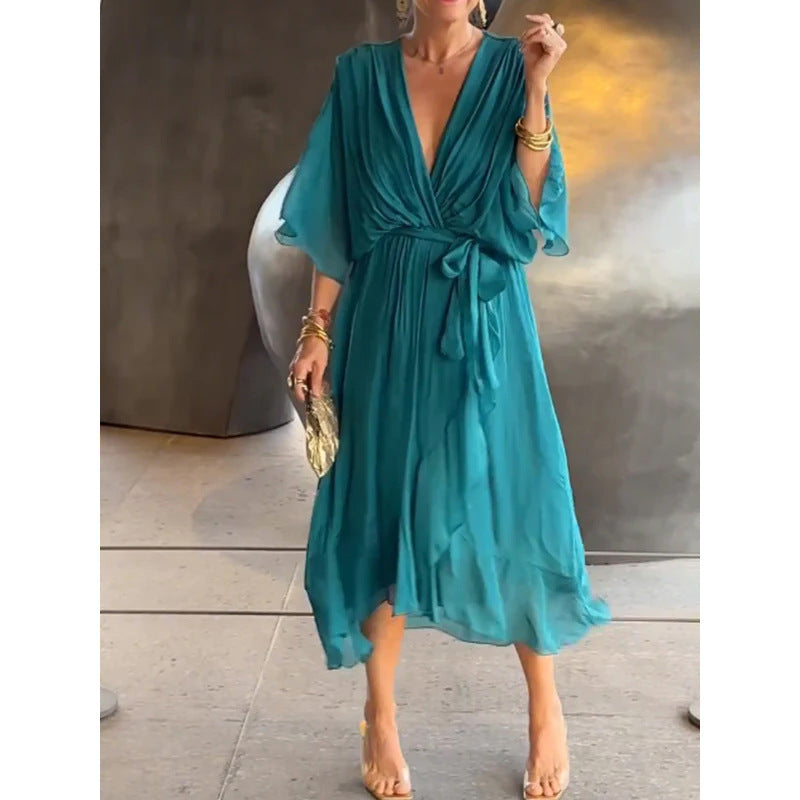 Pure Color Tied Long Dress Batwing Sleeve Irregular Dress