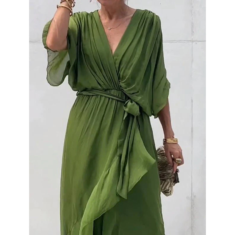 Pure Color Tied Long Dress Batwing Sleeve Irregular Dress