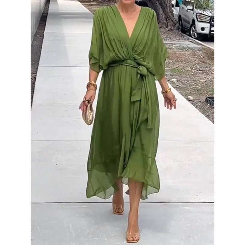 Pure Color Tied Long Dress Batwing Sleeve Irregular Dress