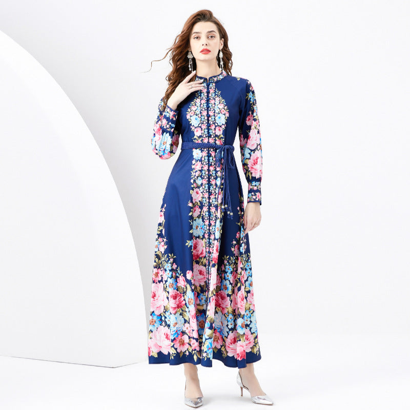 Stand Collar Single-breasted Lantern Sleeve Wide Swing Long Dress