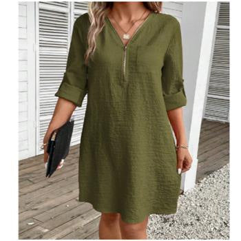 Cotton And Linen Stitching Zipper V-neck Solid Color Long Sleeve Dress