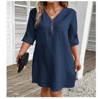 Cotton And Linen Stitching Zipper V-neck Solid Color Long Sleeve Dress