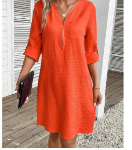 Cotton And Linen Stitching Zipper V-neck Solid Color Long Sleeve Dress