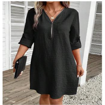 Cotton And Linen Stitching Zipper V-neck Solid Color Long Sleeve Dress