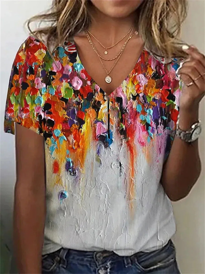 Women's Cotton Short-sleeved T-shirt V-neck Floral Print