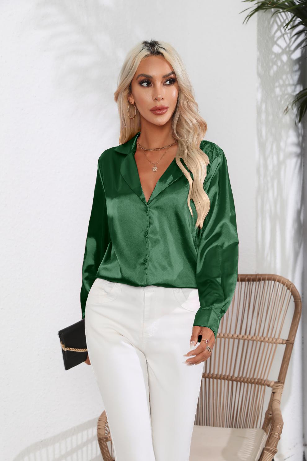 Suit Collar Satin Shirt For Women