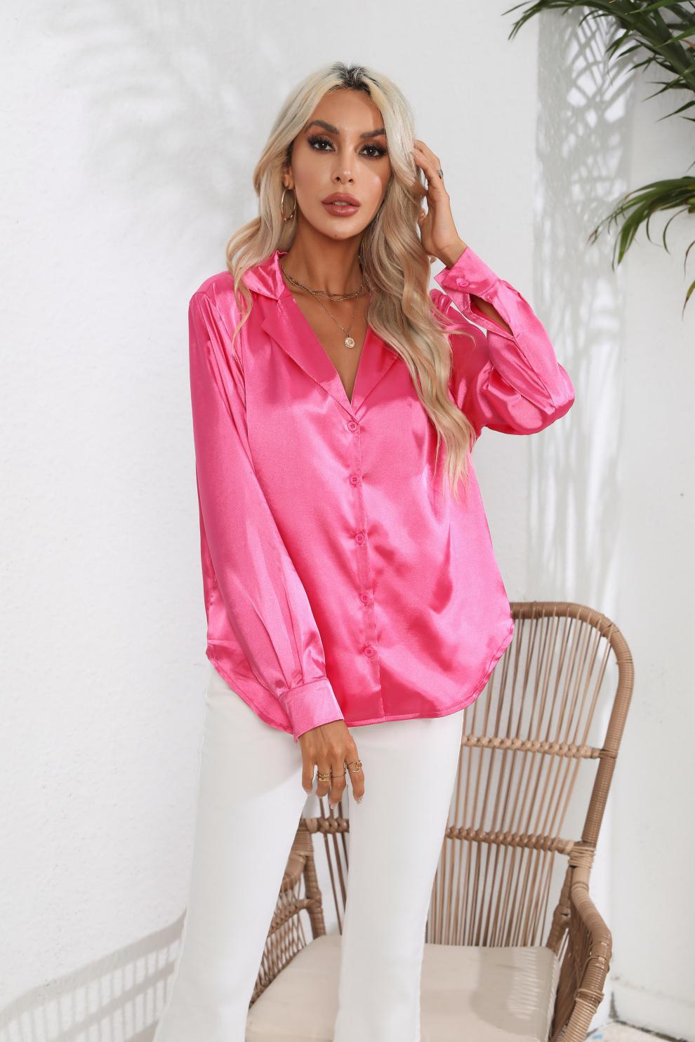 Suit Collar Satin Shirt For Women