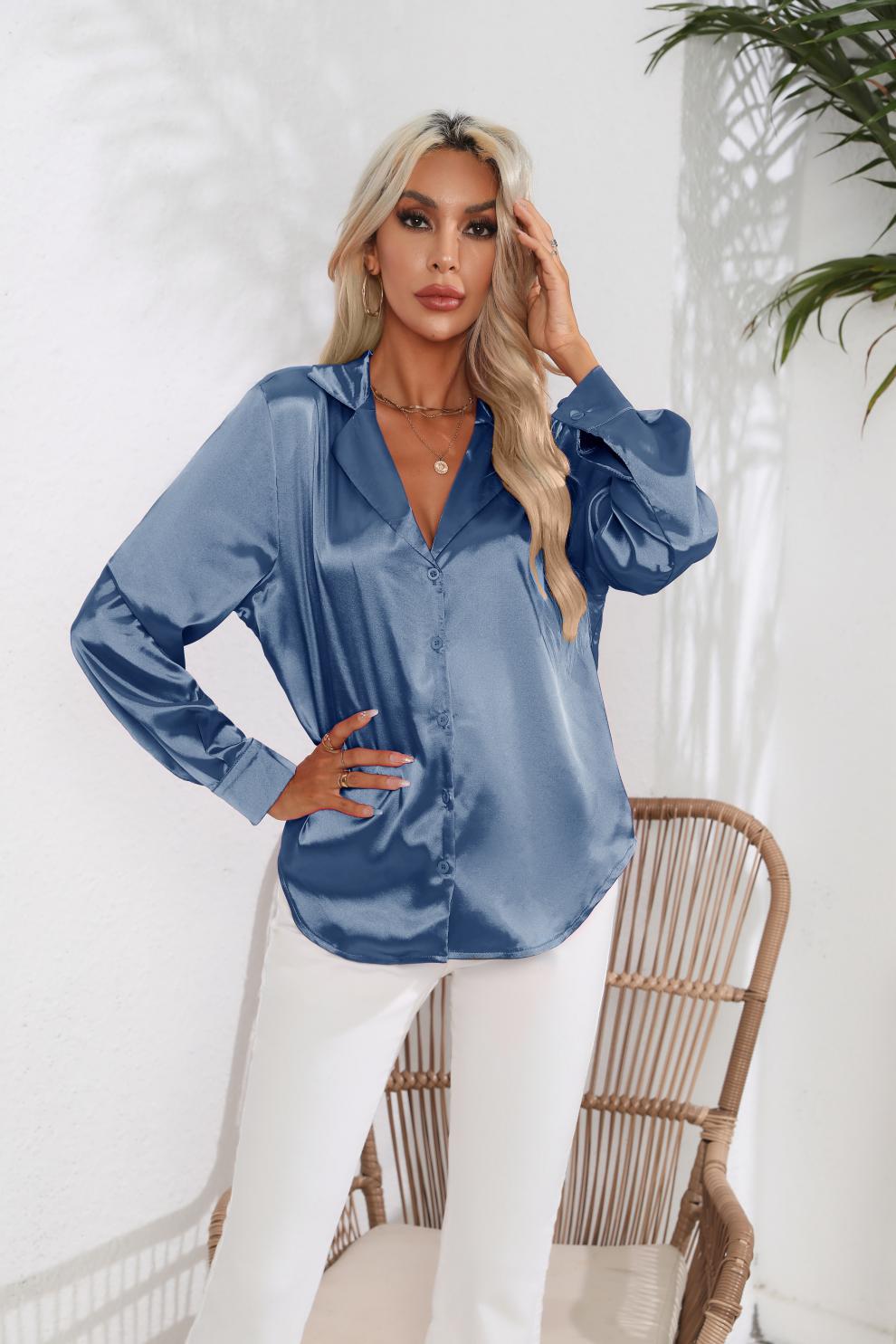 Suit Collar Satin Shirt For Women