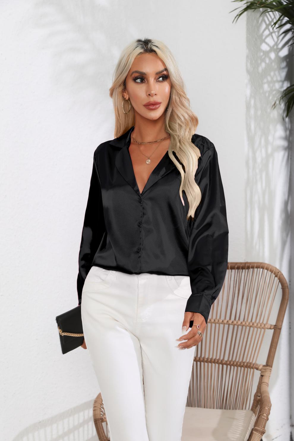 Suit Collar Satin Shirt For Women