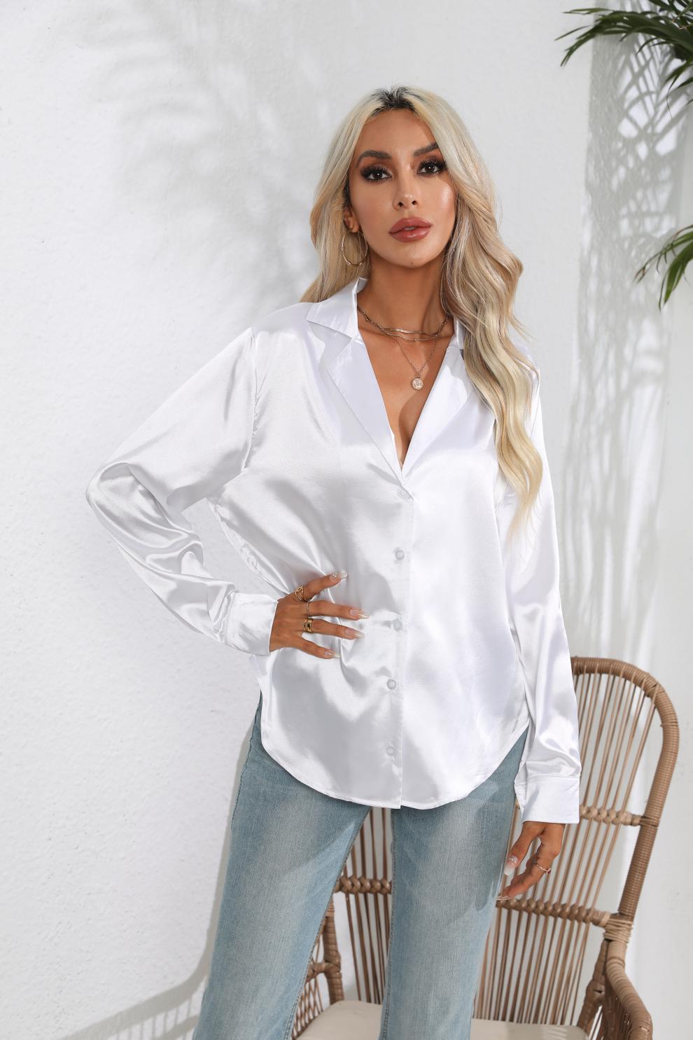 Suit Collar Satin Shirt For Women