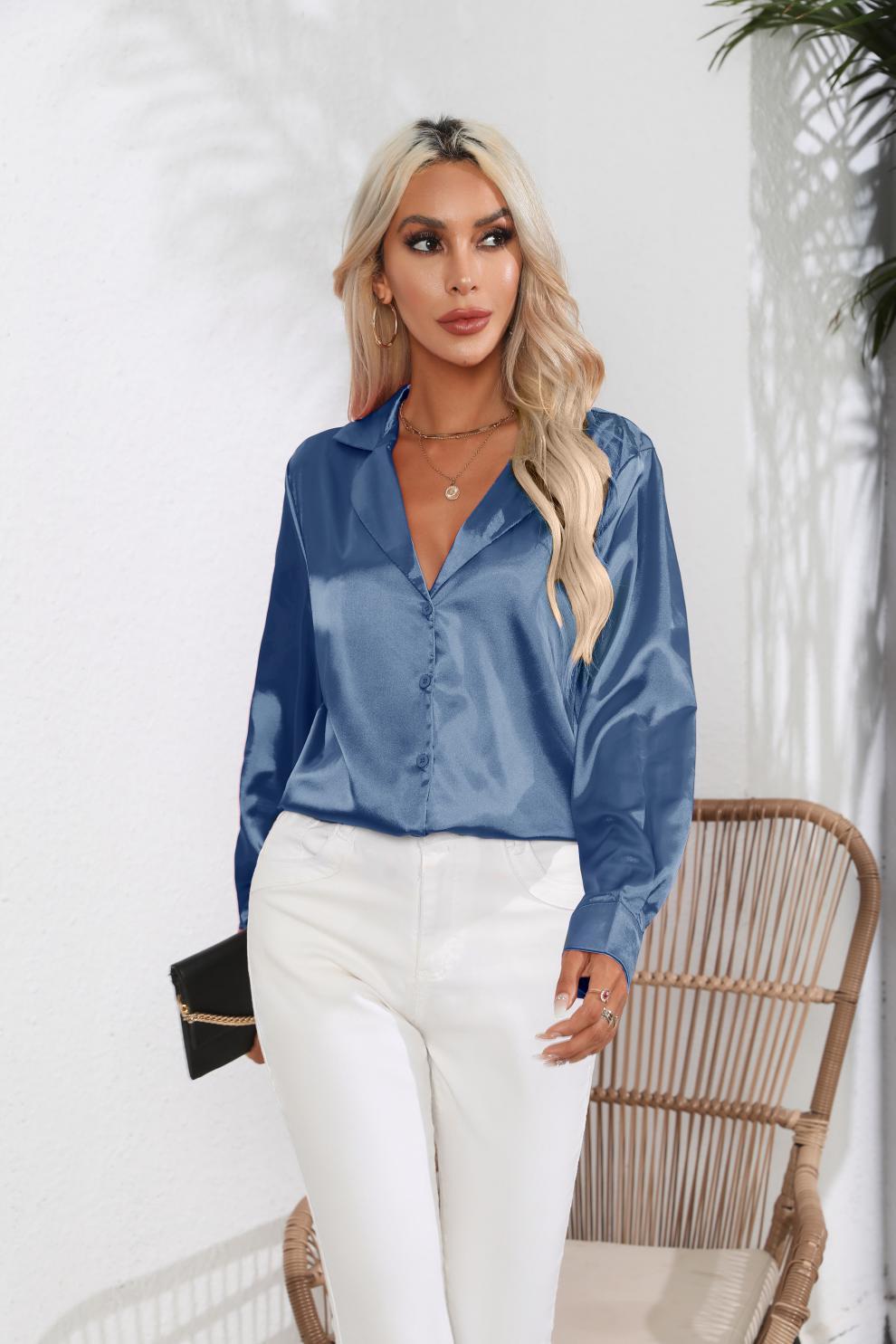 Suit Collar Satin Shirt For Women