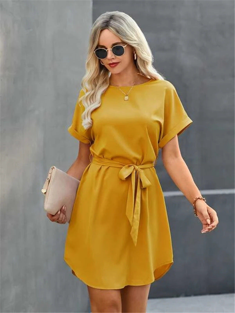 Loose Plus Size Temperament Pure Color Tied Waist Girdle Dress