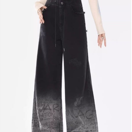 Graffiti Raw Hem High Waist Loose Straight Casual Wide-leg Trousers