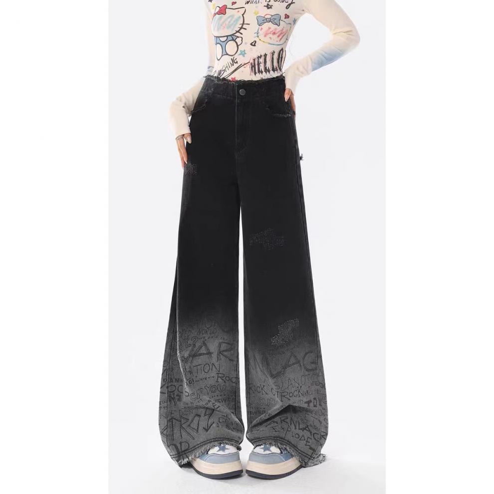 Graffiti Raw Hem High Waist Loose Straight Casual Wide-leg Trousers