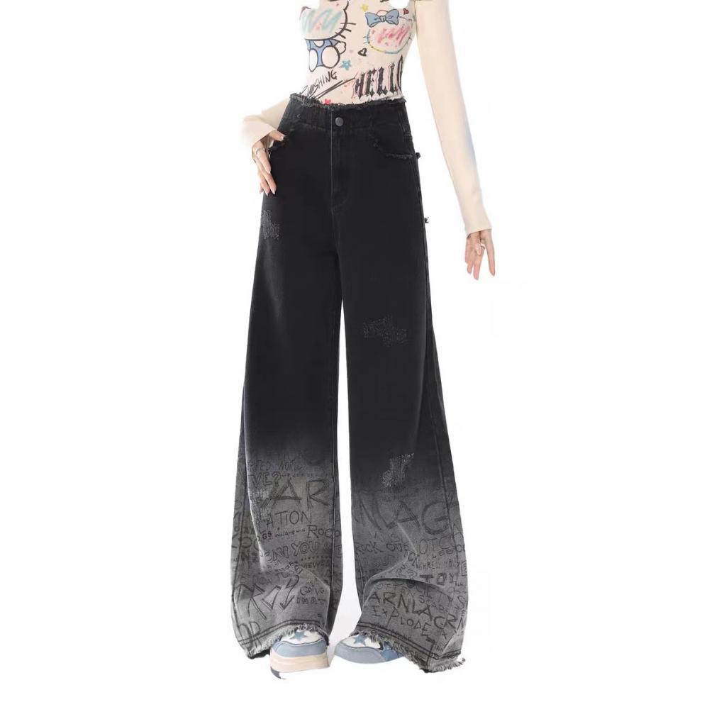 Graffiti Raw Hem High Waist Loose Straight Casual Wide-leg Trousers