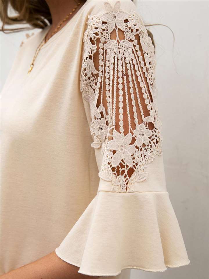 Casual Round Neck Lace Lace Stitching Five-point Sleeve Shir