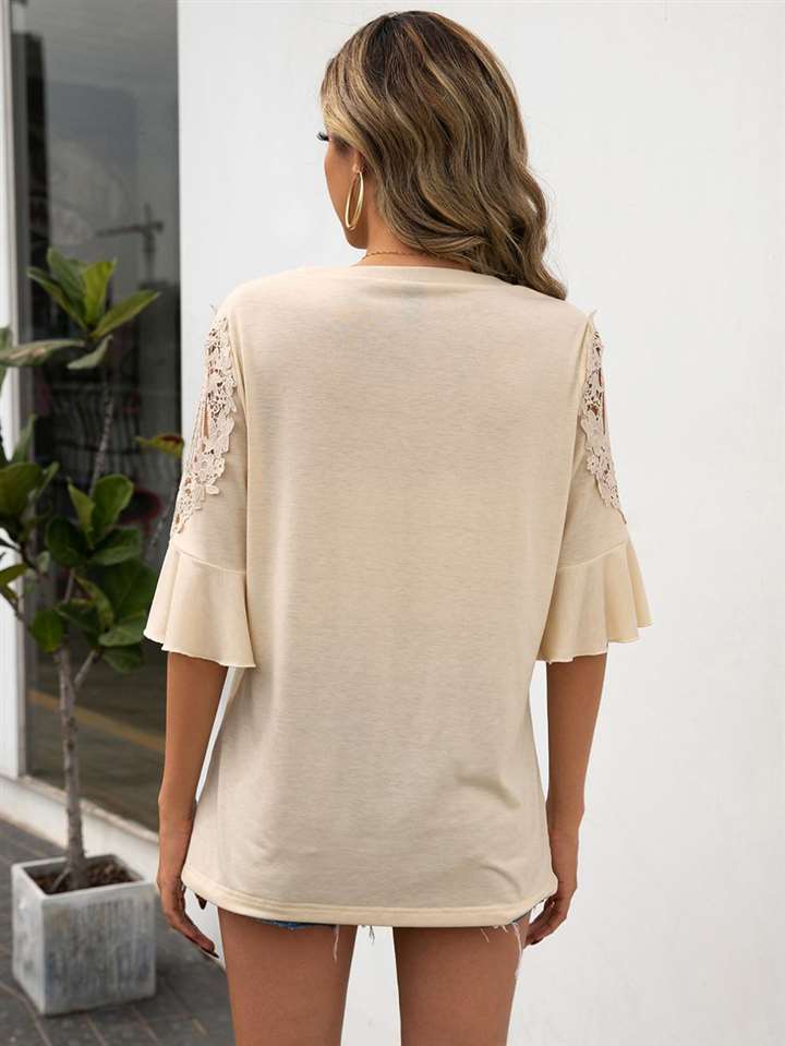 Casual Round Neck Lace Lace Stitching Five-point Sleeve Shir