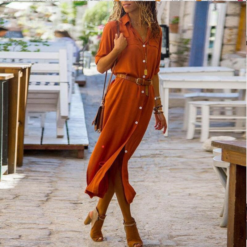 Women's Solid Color Long Sleeve Split Long Dress