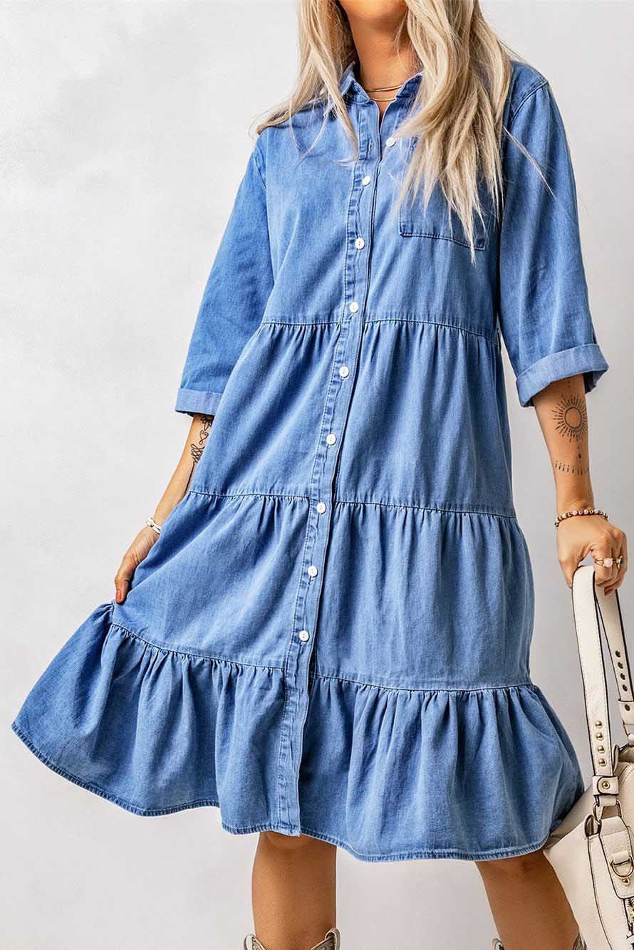 European And American Women's Clothing New Spring And Summer Dress Imitation Denim Button Shirt