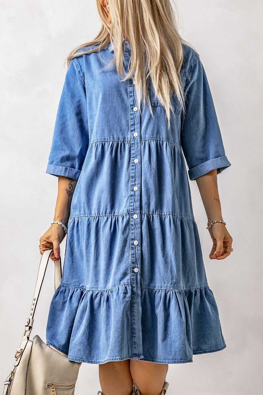 European And American Women's Clothing New Spring And Summer Dress Imitation Denim Button Shirt