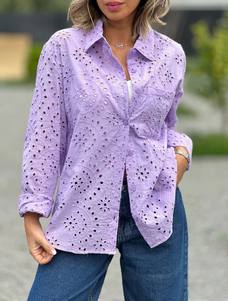 Women's Solid Color Loose Embroidered Hollow Shirt Top