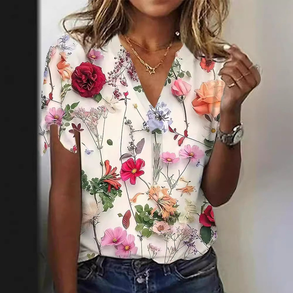 Women's Cotton Short-sleeved T-shirt V-neck Floral Print